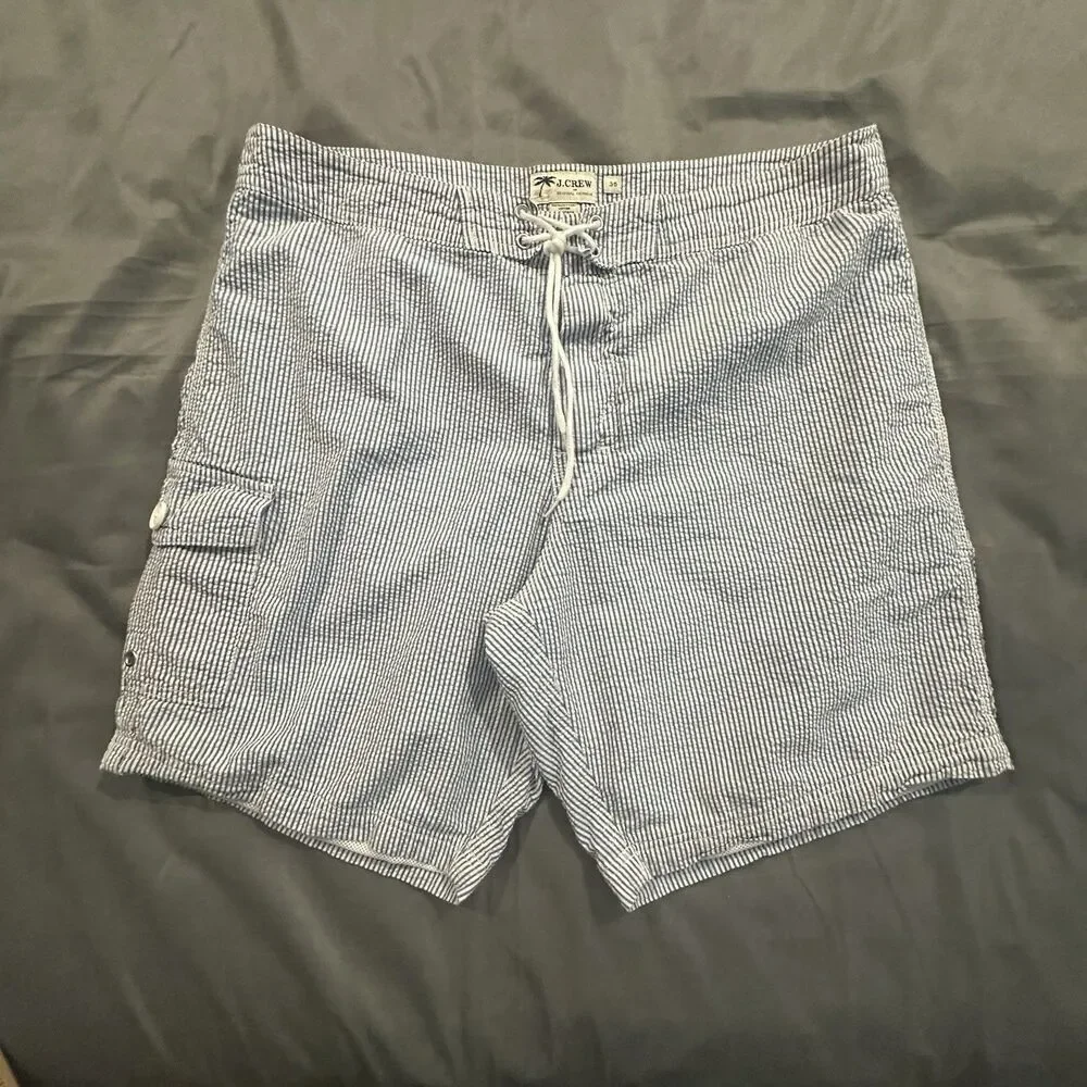 J.Crew Seersucker Board Short Mens 35 Striped Lined Swim Trunks Beach Pool Blue